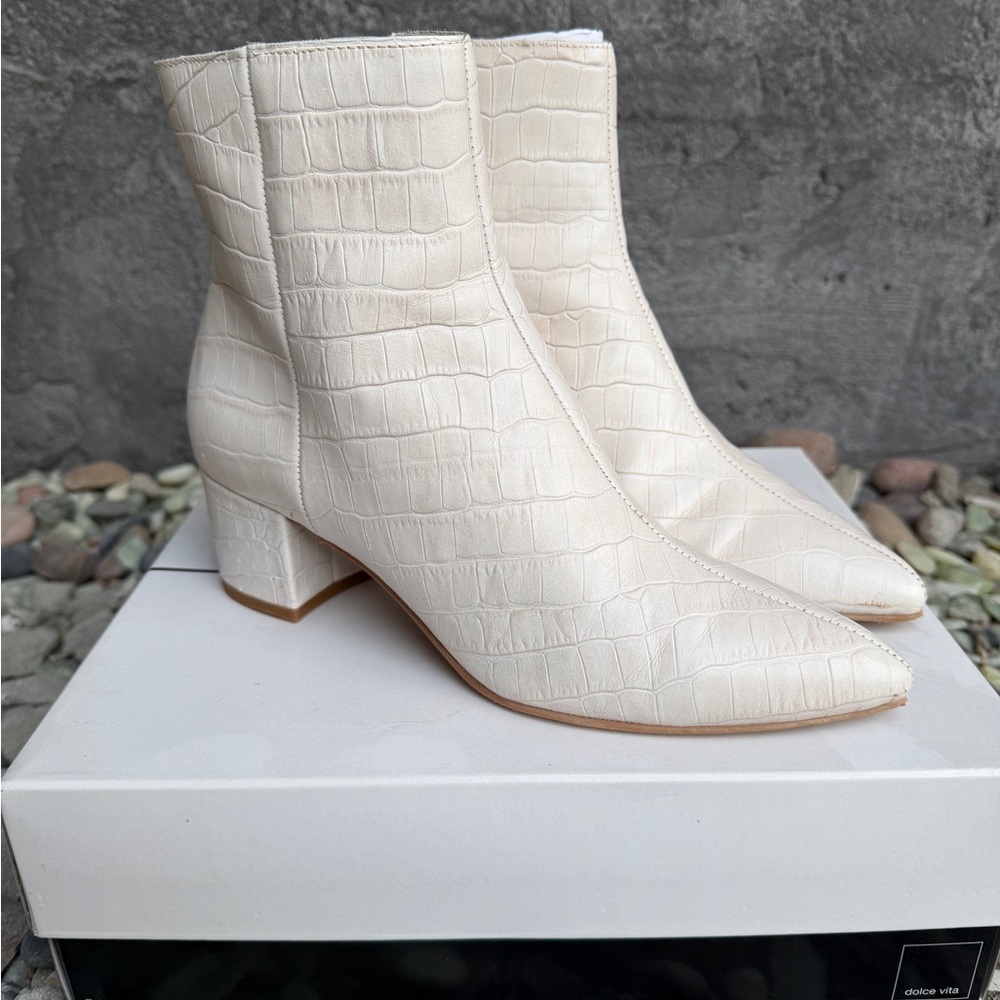Dolce Vita Croc-Embossed Cream Ankle Boots